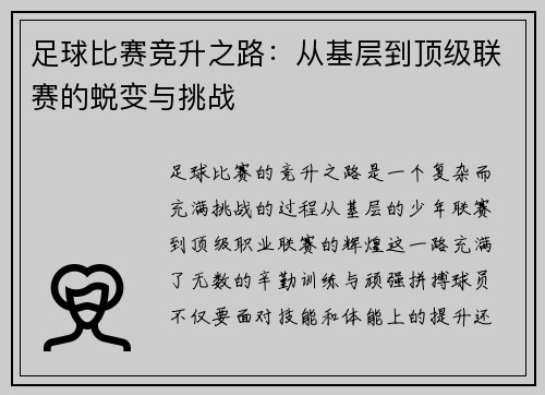 足球比赛竞升之路：从基层到顶级联赛的蜕变与挑战