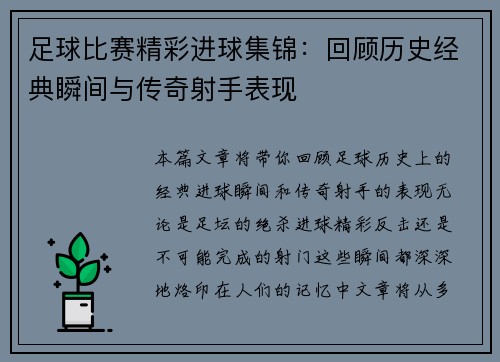 足球比赛精彩进球集锦：回顾历史经典瞬间与传奇射手表现