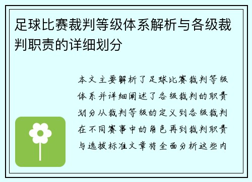 足球比赛裁判等级体系解析与各级裁判职责的详细划分