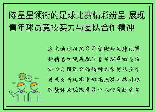 陈星星领衔的足球比赛精彩纷呈 展现青年球员竞技实力与团队合作精神