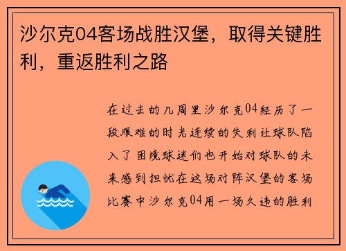 沙尔克04客场战胜汉堡，取得关键胜利，重返胜利之路