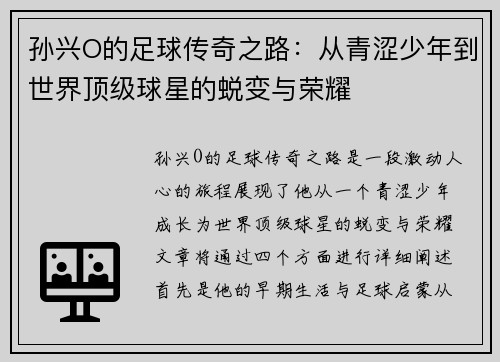 孙兴O的足球传奇之路：从青涩少年到世界顶级球星的蜕变与荣耀