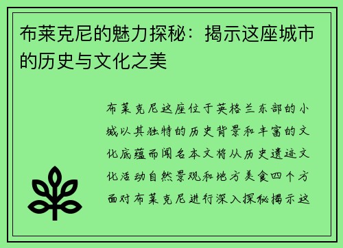 布莱克尼的魅力探秘：揭示这座城市的历史与文化之美