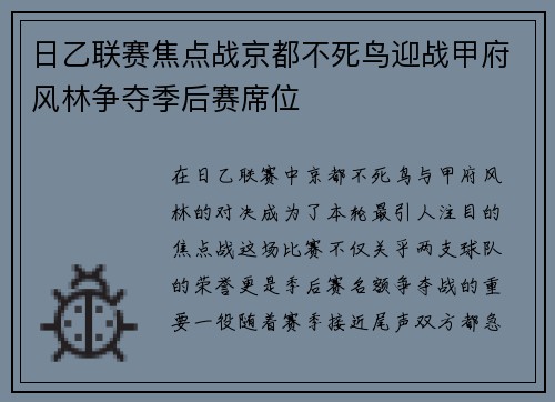 日乙联赛焦点战京都不死鸟迎战甲府风林争夺季后赛席位