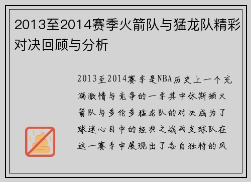 2013至2014赛季火箭队与猛龙队精彩对决回顾与分析