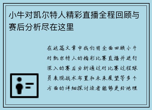 小牛对凯尔特人精彩直播全程回顾与赛后分析尽在这里