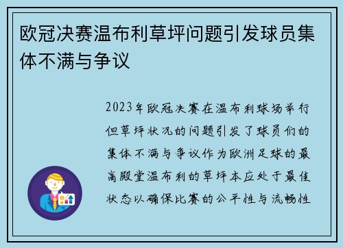欧冠决赛温布利草坪问题引发球员集体不满与争议