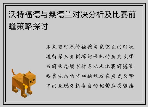 沃特福德与桑德兰对决分析及比赛前瞻策略探讨