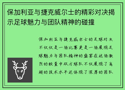 保加利亚与捷克威尔士的精彩对决揭示足球魅力与团队精神的碰撞