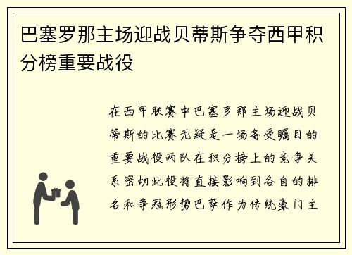 巴塞罗那主场迎战贝蒂斯争夺西甲积分榜重要战役