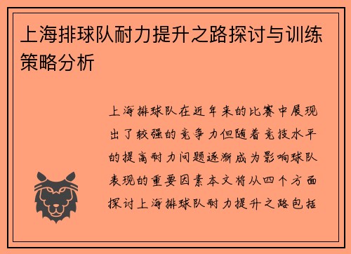 上海排球队耐力提升之路探讨与训练策略分析