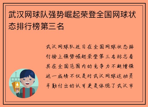 武汉网球队强势崛起荣登全国网球状态排行榜第三名