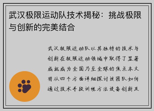 武汉极限运动队技术揭秘：挑战极限与创新的完美结合